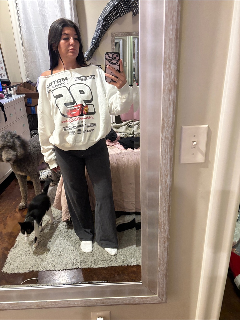 Graphic Racing Sweatshirt - Cream with Black & Red Print